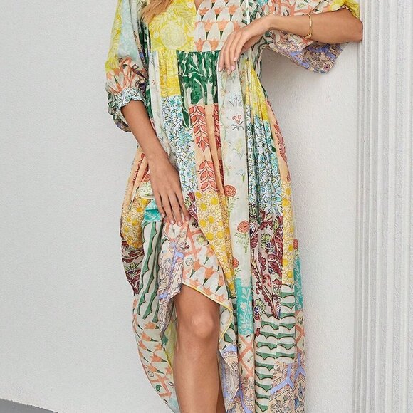 Yellow Boho Women's Bohemian Lantern Sleeve V Neck Tie Pockets Maxi Dress - Picture 4 of 6